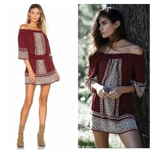 Tularosa Fiona Burgundy Off The Shoulder Embroidered Smocked Boho Dress Medium